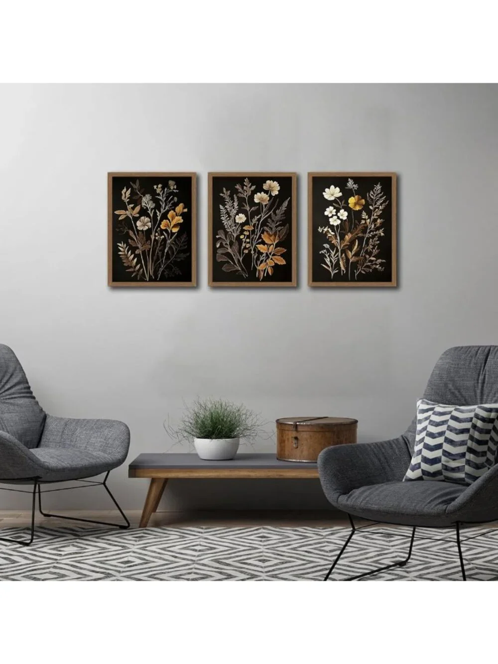 Set of 3 Vintage Black Flower Botanical Canvas Prints - Dark Academia Wall Art